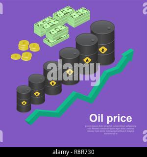 Tanks with oil with the schedule of growth. The concept of increase in profitability from sales. A vector illustration in isometric, 3D style. Stock Vector