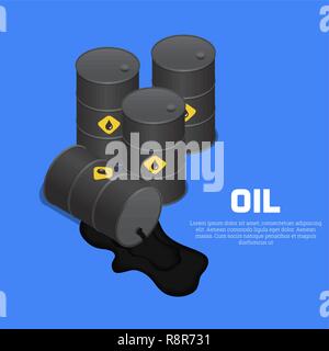 Tanks with oil. The lying barrel with spilled liquid. A vector illustration in isometric, 3D style. Stock Vector