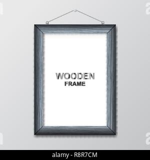Wooden photoframe against the background of a gray wall with a realistic shadow. A blank space for the text, a banner, a template. Vector illustration Stock Vector