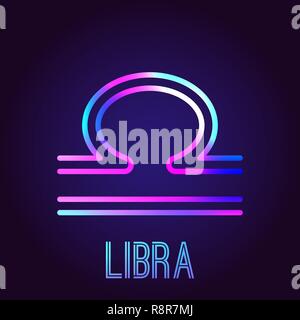 Scales, zodiac sign. The neon multi-colored shining badge on a dark blue background. Astrological zodiac symbol. Vector illustration. Stock Vector