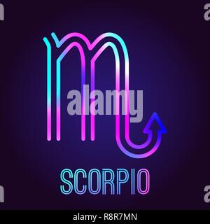 Scorpion, zodiac sign. The neon multi-colored shining badge on a dark blue background. Astrological zodiac symbol. Vector illustration. Stock Vector