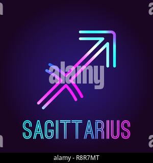 Sagittarius, zodiac sign. The neon multi-colored shining badge on a dark blue background. Astrological zodiac symbol. Vector illustration. Stock Vector
