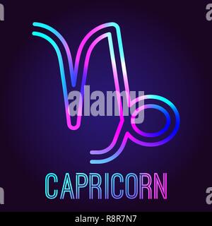 Capricorn, zodiac sign. The neon multi-colored shining badge on a dark blue background. Astrological zodiac symbol. Vector illustration. Stock Vector