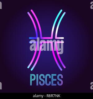 Fishes, zodiac sign. The neon multi-colored shining badge on a dark blue background. Astrological zodiac symbol. Vector illustration. Stock Vector