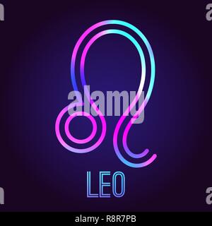 Lion, zodiac sign. The neon multi-colored shining badge on a dark blue background. Astrological zodiac symbol. Vector illustration. Stock Vector