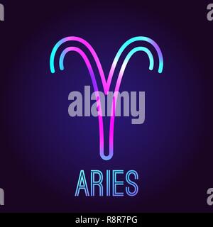 Aries, zodiac sign. The neon multi-colored shining badge on a dark blue background. Astrological zodiac symbol. Vector illustration. Stock Vector