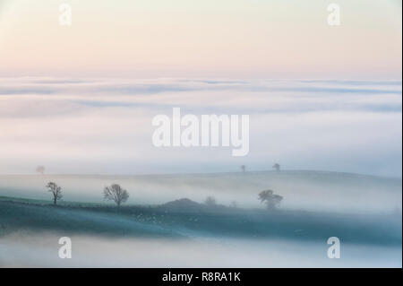 On the border between England and Wales near Knighton, Powys, UK. Early morning view over Herefordshire showing the valleys filled with thick fog Stock Photo