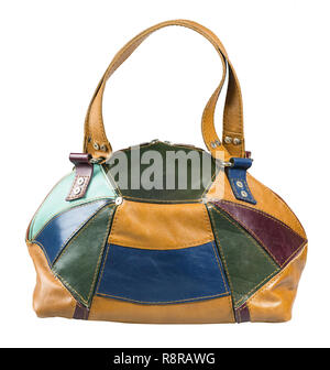 side view of handmade patchwork leather multicolored handbag isolated on white background Stock Photo