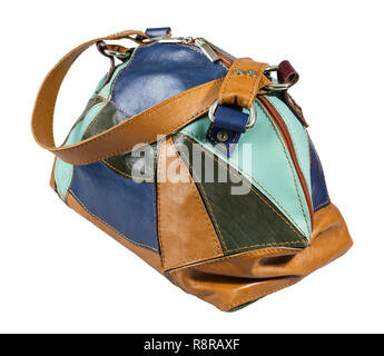 handmade patchwork leather multicolored handbag isolated on white background Stock Photo