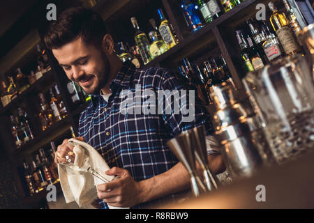 Pretty Smiling Bartender Towel Her Shoulder Standing Bar Counter Stock  Photo by ©DragonImages 273609316