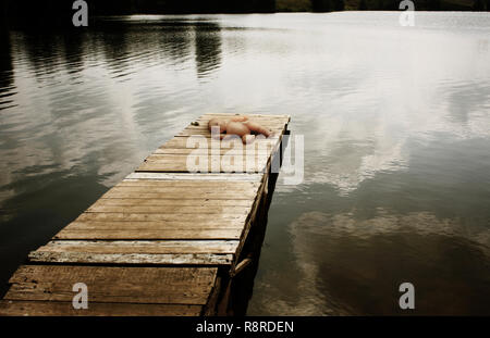 Forgotten toy on a wooden mooring Stock Photo