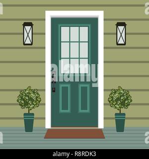 House door front with doorstep and lamps, flowers, entry facade building,  exterior entrance design illustration vector in flat style Stock Vector  Image & Art - Alamy