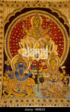 Kalamkari art showing Lord Ganesh with Goddess Lakshmi and Saraswati, Srikalahasthi, Chittoor, Andhra Pradesh, India, Asia, Asian, Indian Stock Photo