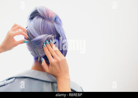 Closeup Hairstylist Doing Hair On White Background Model Client