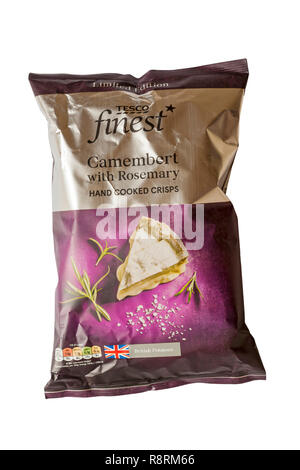 Packet of Tesco Finest Camembert with Rosemary hand cooked crisps isolated on white background - Camembert cheese and rosemary flavour potato crisps Stock Photo