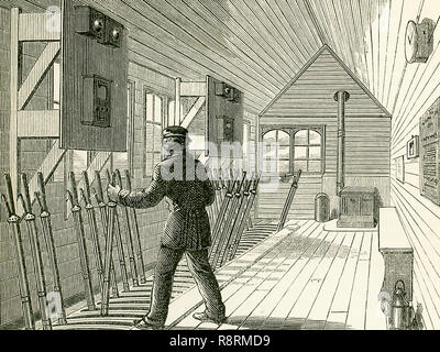 This illustration dates to the 1870s and shows the signal box on the North London Railway. The interior of a signal-box near an important junction or station is shown here, and we see here the numerous levers for working the points and the signals, each of these having a connection, by rods or wires, with the corresponding point or signal-post. The electric telegraph is now an important agent in railway signalling, and in a signal-box we may see the bells and instruments which inform the pointsman whether a certain section of the line is “blocked” or “clear.” The signals now generally used on 