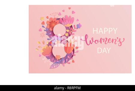 International Women's Day. Banner, flyer for March 8 decorating by paper flowers and hand drawn lettering. Congratulating and wishing happy holiday card for newsletter, brochures, postcards. Vector. Stock Vector