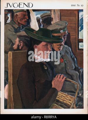 Portada de la revista alemana Jugend. Viajeros en el interior de un tren. Año 1916. Stock Photo