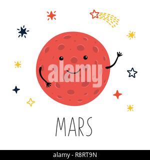 Cute planet Mars. Planet with hands and eyes. Vector illustration for children Stock Vector
