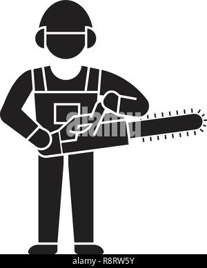 Woodcutter with chainsaw black vector concept icon. Woodcutter with chainsaw flat illustration, sign Stock Vector
