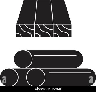 Wooden planks and rolls black vector concept icon. Wooden planks and rolls flat illustration, sign Stock Vector