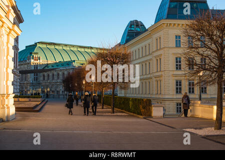 Street scene in the Innere Stadt (First District) of Vienna with the Alberina museum to the left and Opera house to the rear, Austria. Stock Photo