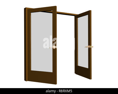 3D open doors brown color, with transparent glasses Stock Photo