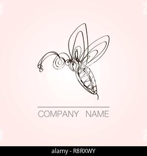Continuous line bee logo design. Hand drawn vector emblem. Stock Vector