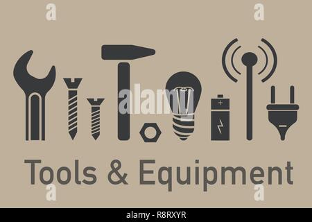 Set of simple gray icons. Tools and equipment elements in minimal style Stock Vector