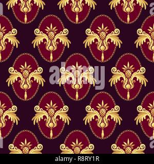 Baroque pattern with gold sconce pendants on magenta background. Seamless vector print. Stock Vector