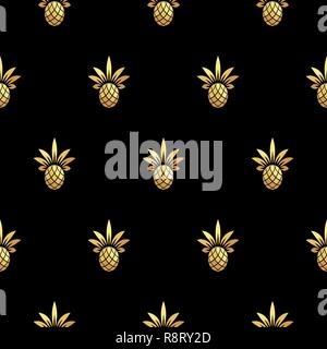 Gold pineapple royal seamless vector pattern on black background. Stock Vector