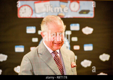 The Prince of Wales during a visit to Leighterton Primary School, Gloucestershire, where he is there to see the new school building and watch pupils take part in a Christmas performance. Stock Photo