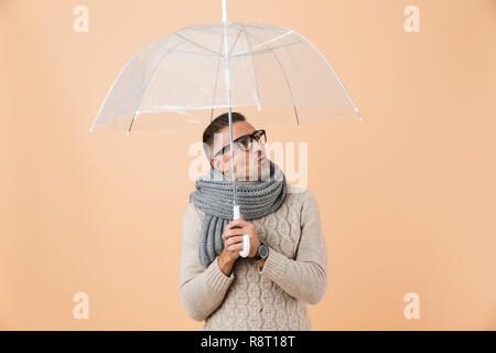 Portrait of a cheerful man dressed in sweater and scarf standing under umbrella isolated over beige background