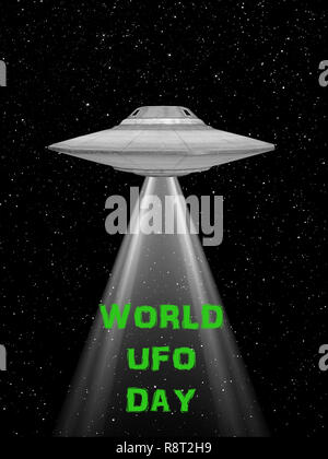 of Ufo flying spaceship. World UFO Day. Flying saucer. Stock Photo