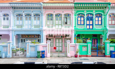 Architecture details of Koon Seng Road pastel hue traditional Paranakan shophouses, Katong, Singapore Stock Photo