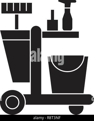 cleaning trolley black vector concept icon.  cleaning trolley flat illustration, sign Stock Vector