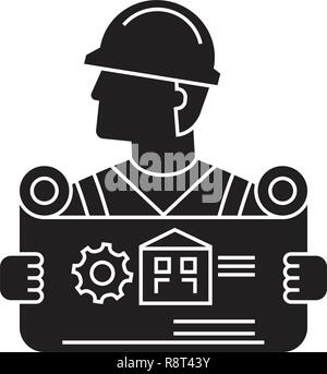 Architect with blueprints black vector concept icon. Architect with blueprints flat illustration, sign Stock Vector