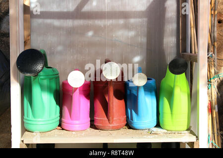 Plastic watering cans piled on kitchen garden shelves Stock Photo