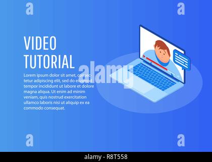 Isometric video tutorials icon concept. Study and learning background, distance education and knowledge growth. Stock Vector
