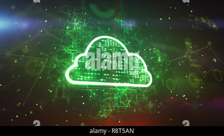 Holographic 3d illustration of a cyberspace cloud cpu with bright pixels in the green background. It consists of a sparkling network of zigzag, twisti Stock Photo