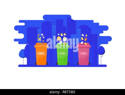 Garbage recycling and utilization concept. Collection of garbage cans with sorted garbage. Stock Vector