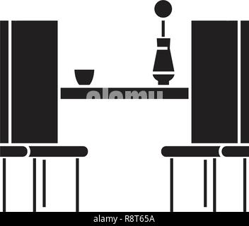 Dining table with two chairs black vector concept icon. Dining table with two chairs flat illustration, sign Stock Vector