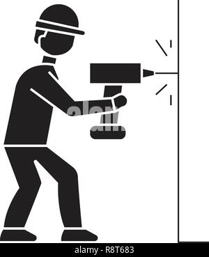 Drilling a hole in wall black vector concept icon. Drilling a hole in wall flat illustration, sign Stock Vector