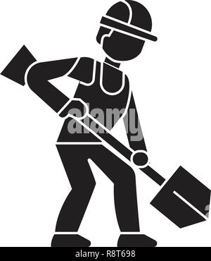 Earthworks, builder with showel black vector concept icon. Earthworks, builder with showel flat illustration, sign Stock Vector