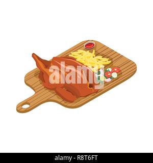 Delicious grilled chicken with french fries and salad with onion, cucumber, tomato and chili. Vector illustration Stock Vector