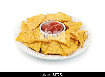 Dish of nacho chips and tomato dip sauce isolated on white Stock Photo