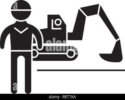 Excavator working black vector concept icon. Excavator working flat illustration, sign Stock Vector