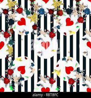 Seamless beautiful flowers for, postcard, flyer or wedding invitation, wallpaper, wrapping paper, background. Sketch in green, blue red and black colo Stock Vector