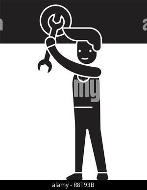 Man spinning the nut black vector concept icon. Man spinning the nut flat illustration, sign Stock Vector