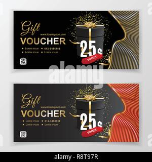 Vector gift voucher template for department stores, business. Clean vector design, gold red design elements. on black background. 25 dollars. Stock Vector